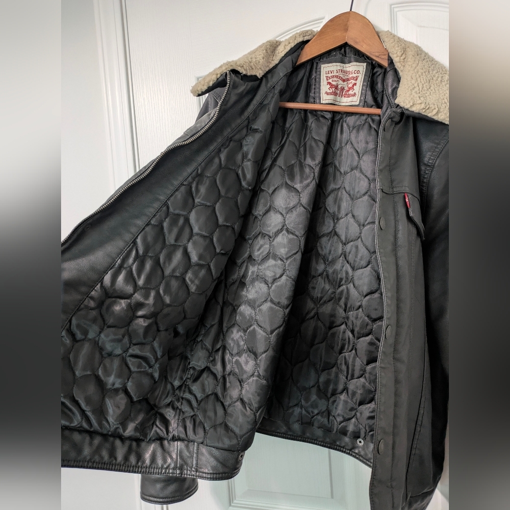 Levi Black Faux Leather Jacket with Cream Sherpa Collar - Picture 6 of 10